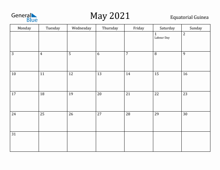 May 2021 Calendar Equatorial Guinea