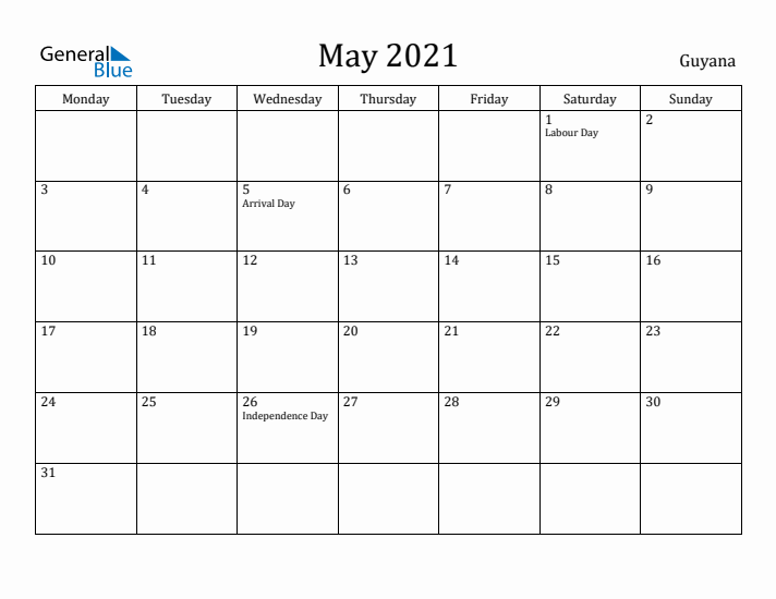 May 2021 Calendar Guyana