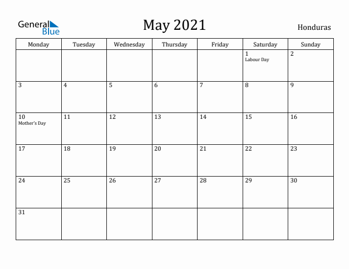 May 2021 Calendar Honduras