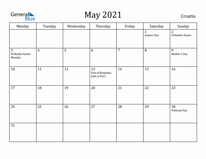 May 2021 Calendar Croatia