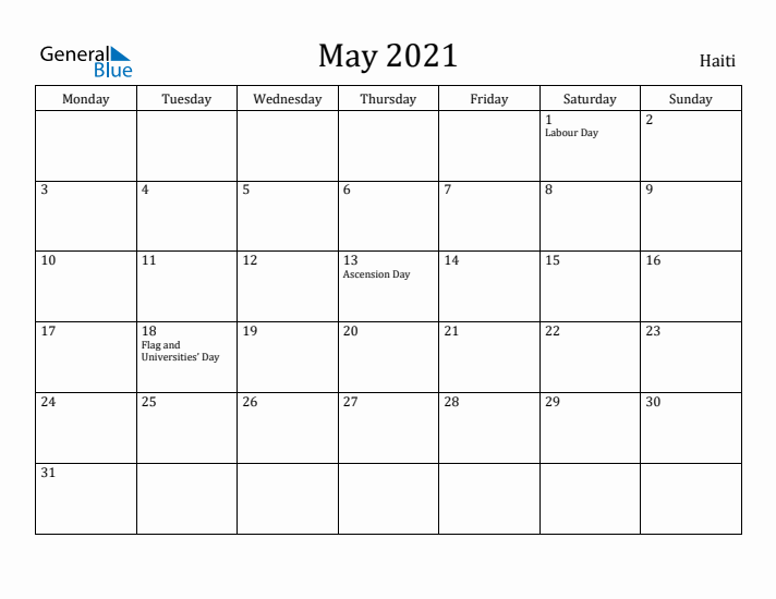 May 2021 Calendar Haiti