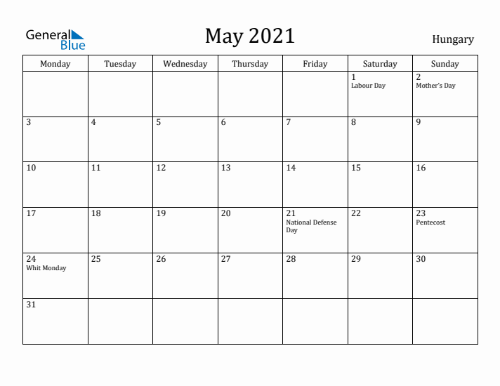 May 2021 Calendar Hungary