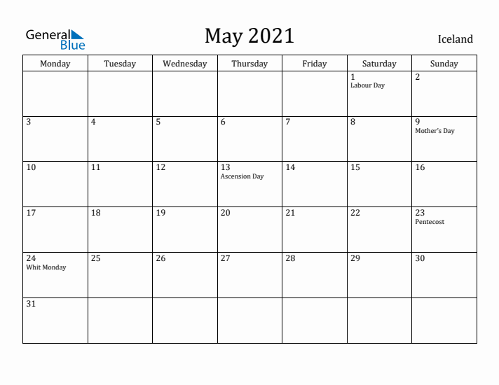 May 2021 Calendar Iceland