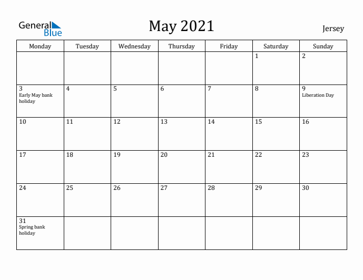 May 2021 Calendar Jersey