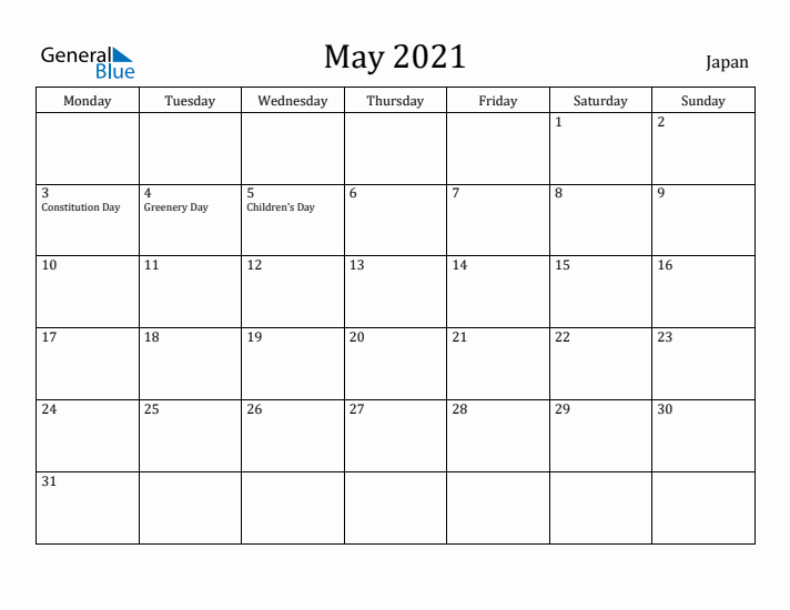 May 2021 Calendar Japan