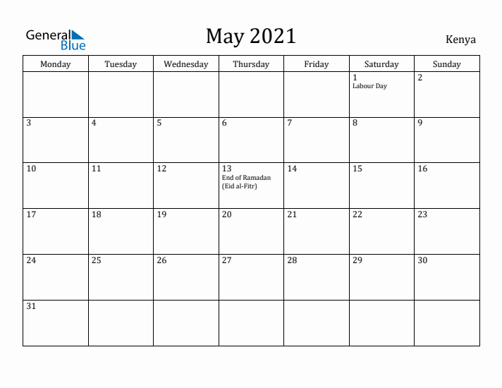 May 2021 Calendar Kenya