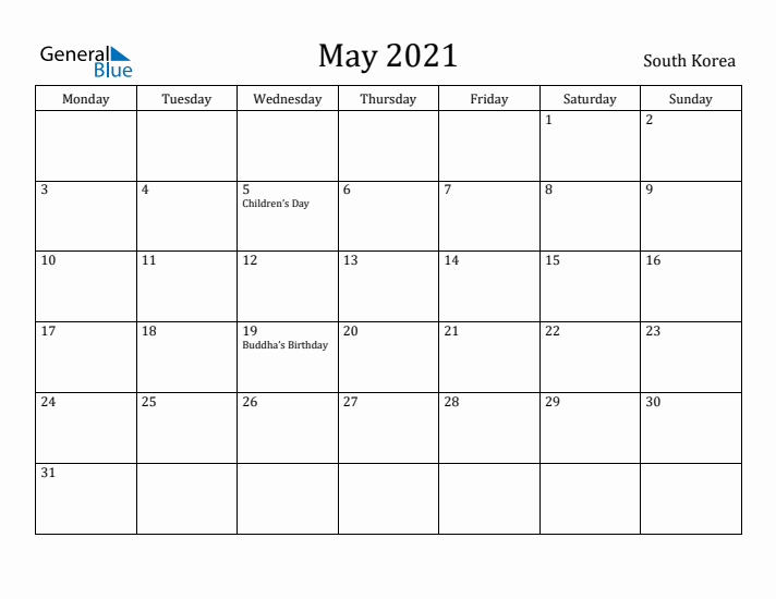 May 2021 Calendar South Korea