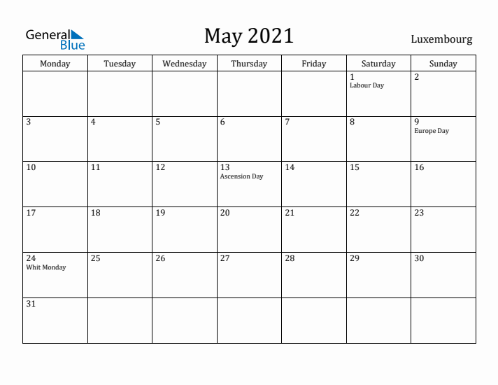 May 2021 Calendar Luxembourg