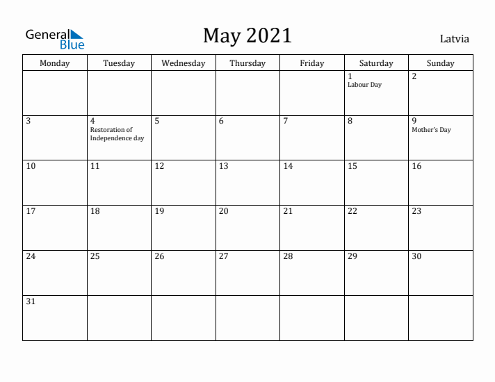 May 2021 Calendar Latvia