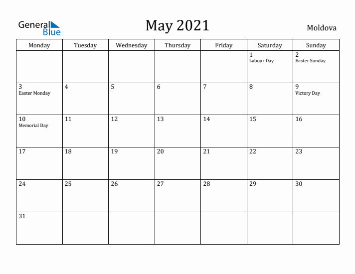 May 2021 Calendar Moldova