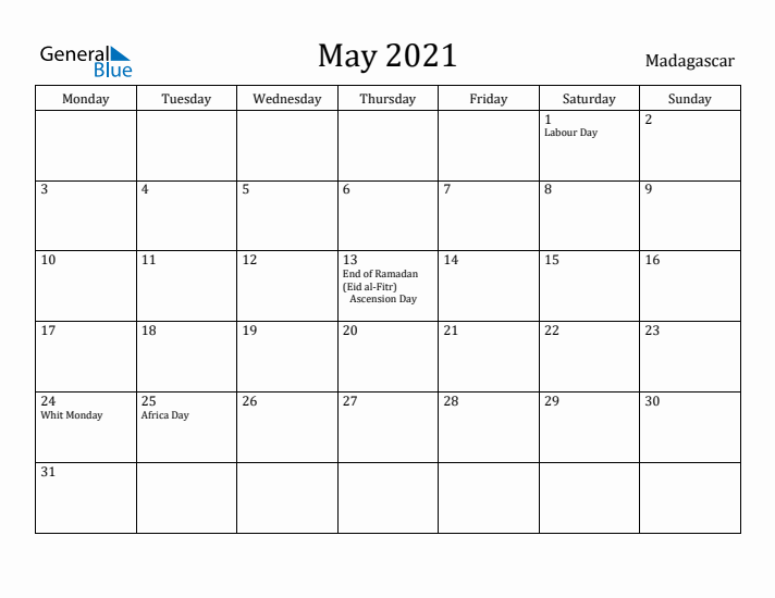 May 2021 Calendar Madagascar