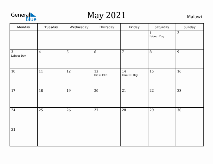May 2021 Calendar Malawi