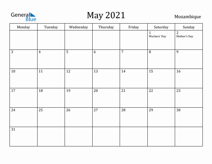 May 2021 Calendar Mozambique