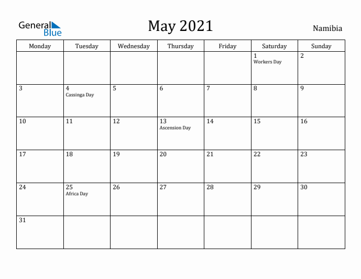 May 2021 Calendar Namibia