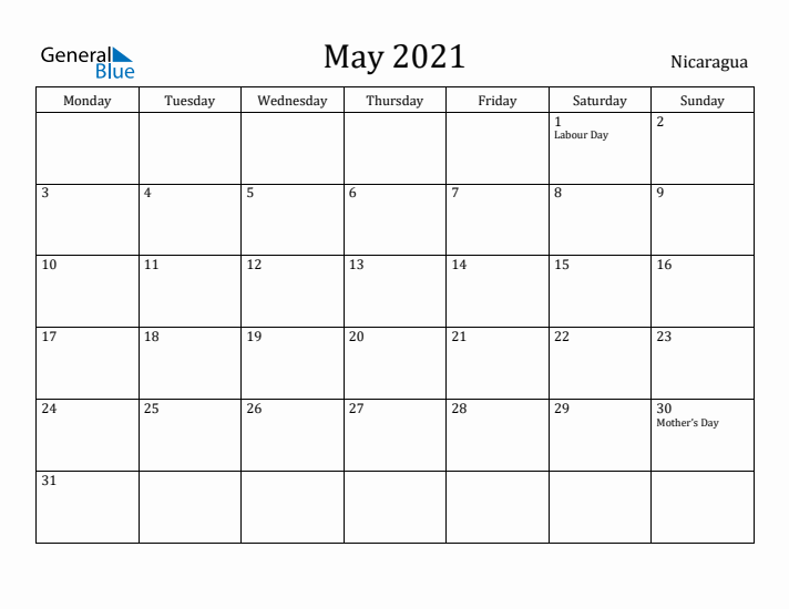 May 2021 Calendar Nicaragua