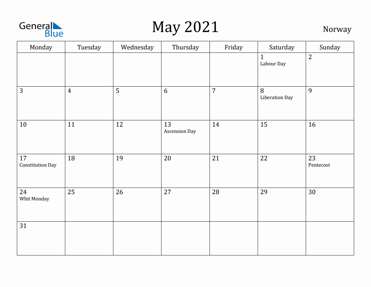 May 2021 Norway Monthly Calendar With Holidays