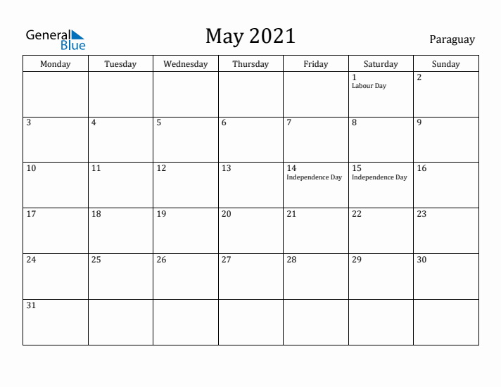 May 2021 Calendar Paraguay