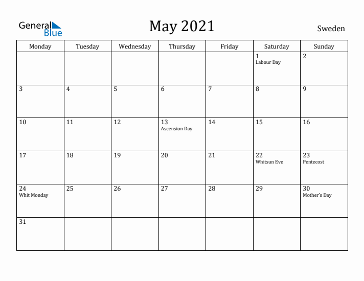 May 2021 Calendar Sweden