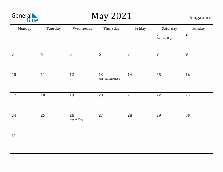 May 2021 Calendar Singapore