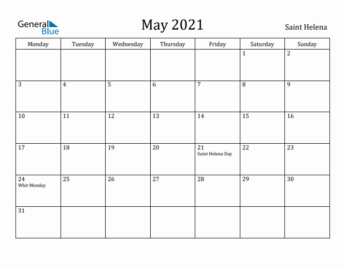 May 2021 Calendar Saint Helena