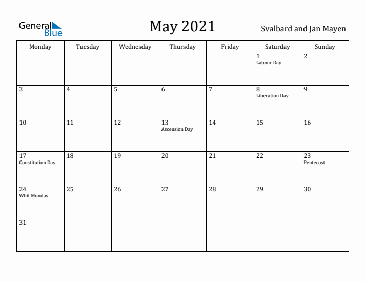 May 2021 Calendar Svalbard and Jan Mayen