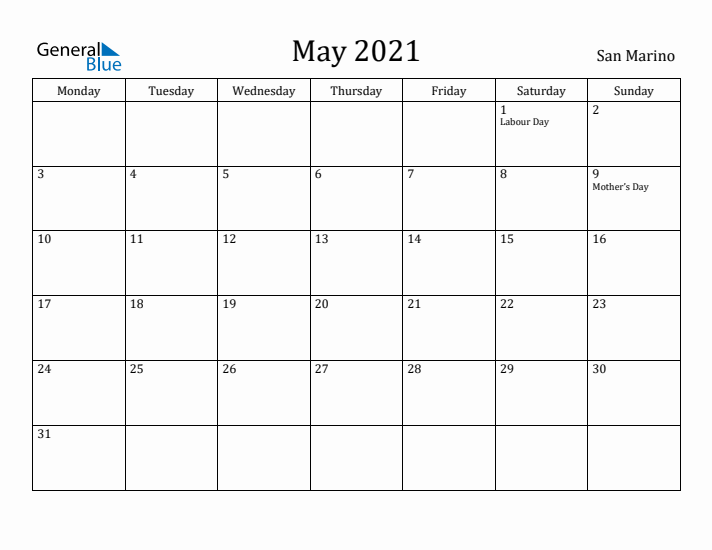 May 2021 Calendar San Marino