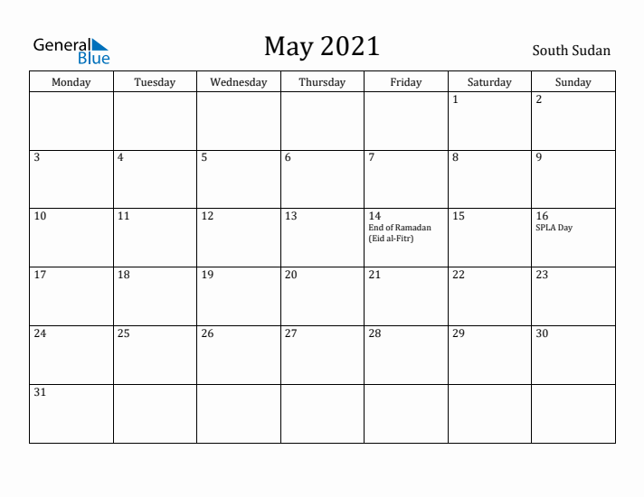 May 2021 Calendar South Sudan
