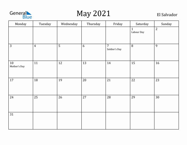 May 2021 Calendar El Salvador