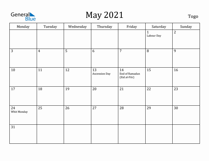 May 2021 Calendar Togo