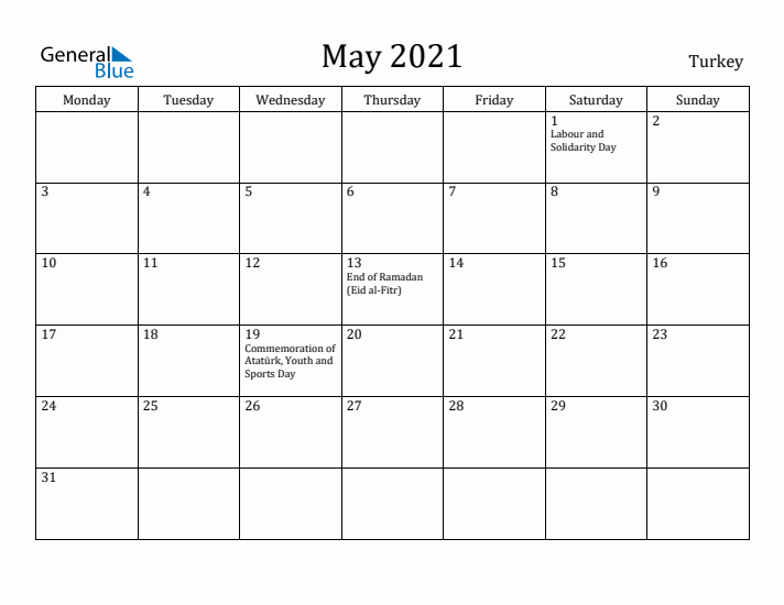 May 2021 Calendar Turkey