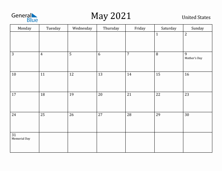 May 2021 Calendar United States