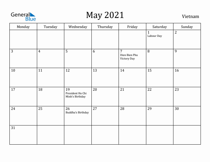 May 2021 Calendar Vietnam
