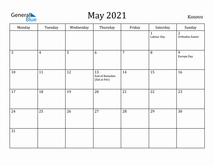 May 2021 Calendar Kosovo