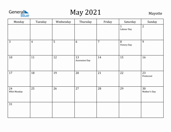 May 2021 Calendar Mayotte