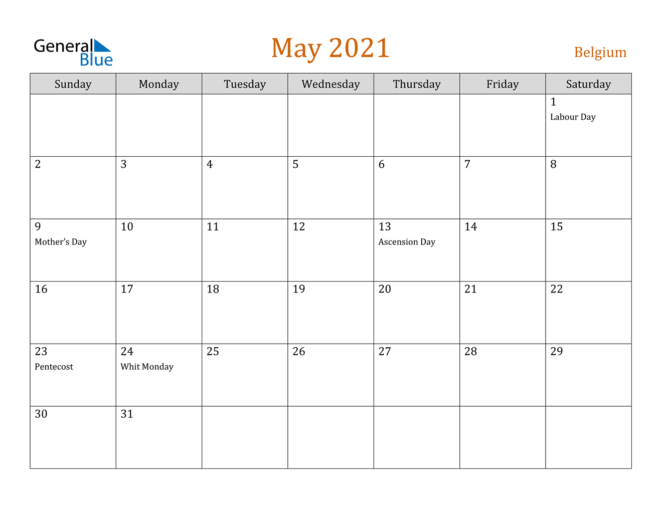May 2021 Calendar - Belgium