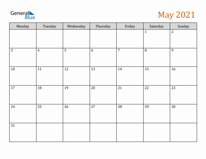 Editable May 2021 Calendar