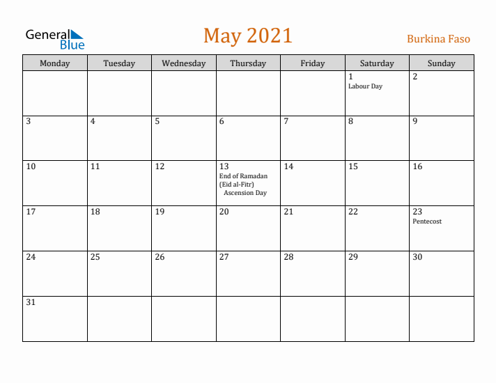 May 2021 Holiday Calendar with Monday Start