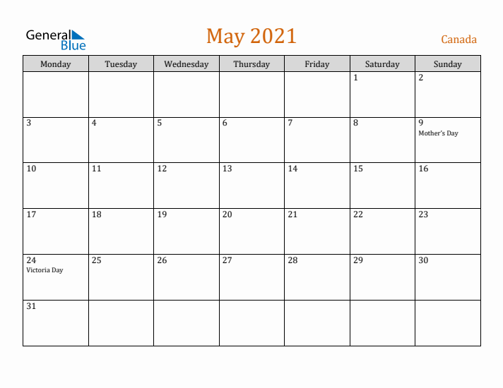 May 2021 Holiday Calendar with Monday Start