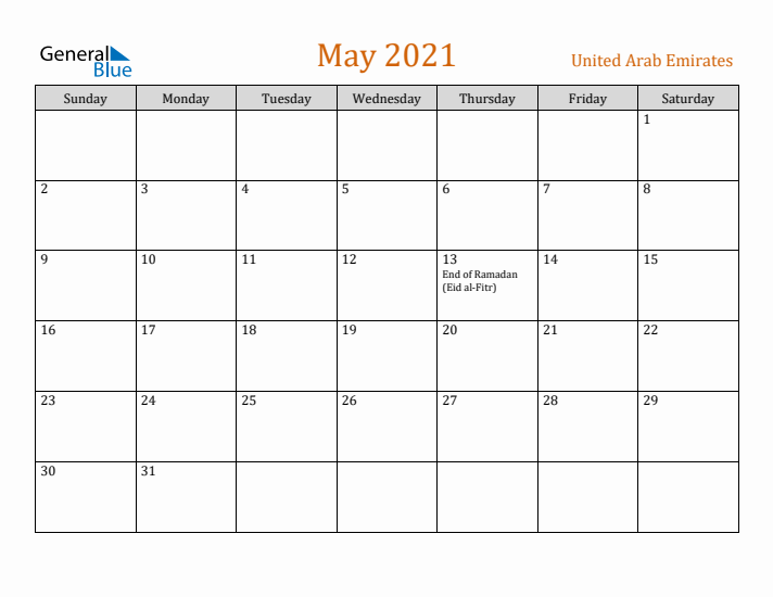May 2021 Holiday Calendar with Sunday Start