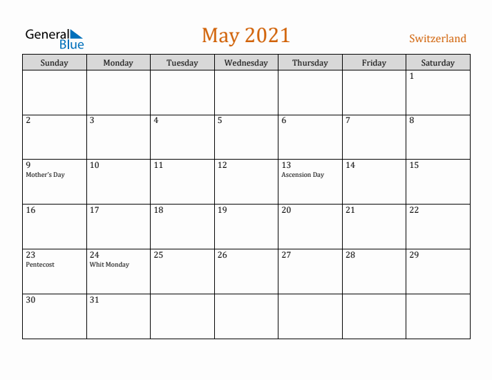 May 2021 Holiday Calendar with Sunday Start