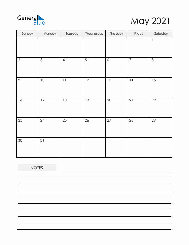 Printable Calendar with Notes - May 2021 