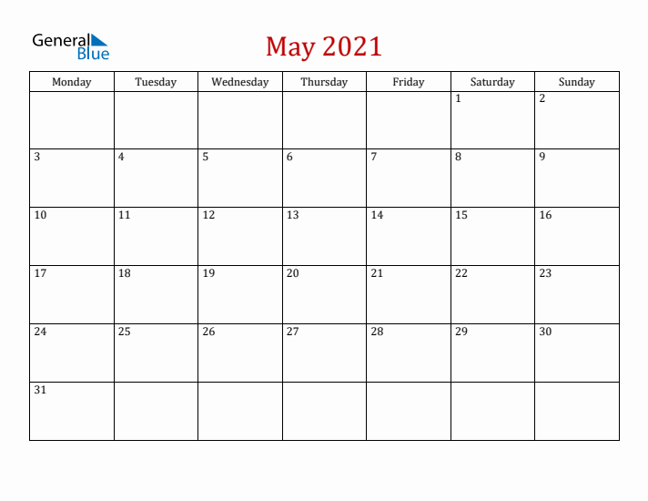 Blank May 2021 Calendar with Monday Start