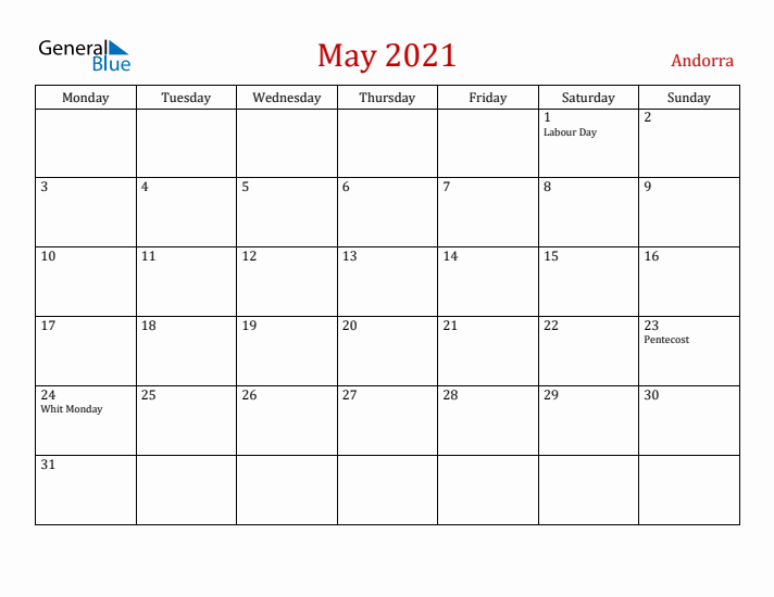 Andorra May 2021 Calendar - Monday Start