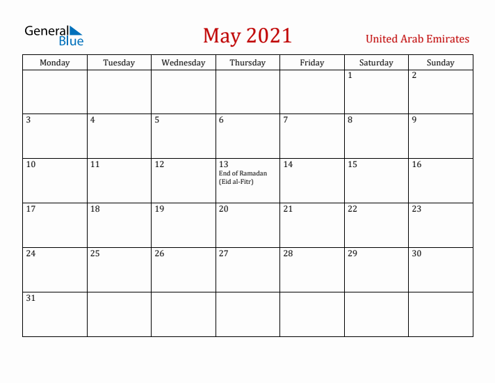 United Arab Emirates May 2021 Calendar - Monday Start