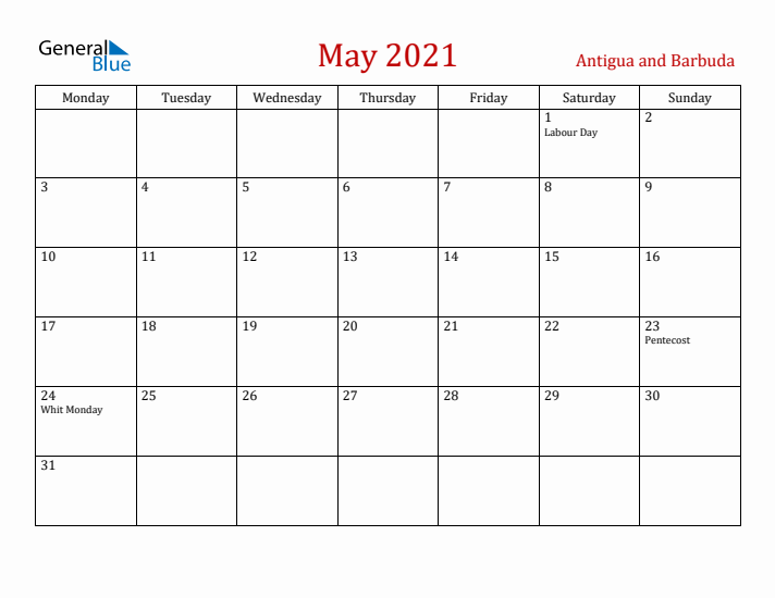 Antigua and Barbuda May 2021 Calendar - Monday Start