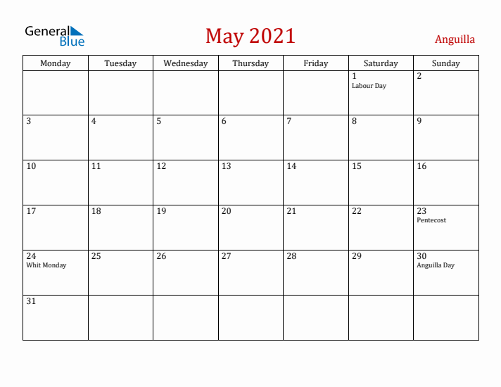 Anguilla May 2021 Calendar - Monday Start