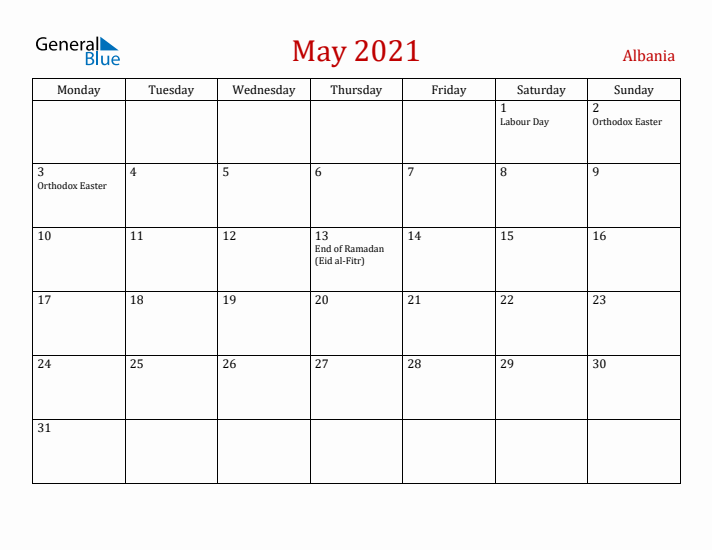Albania May 2021 Calendar - Monday Start
