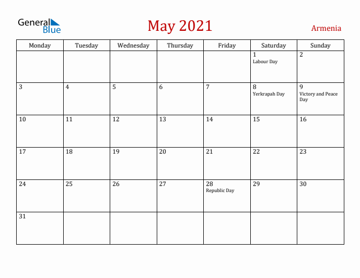 Armenia May 2021 Calendar - Monday Start