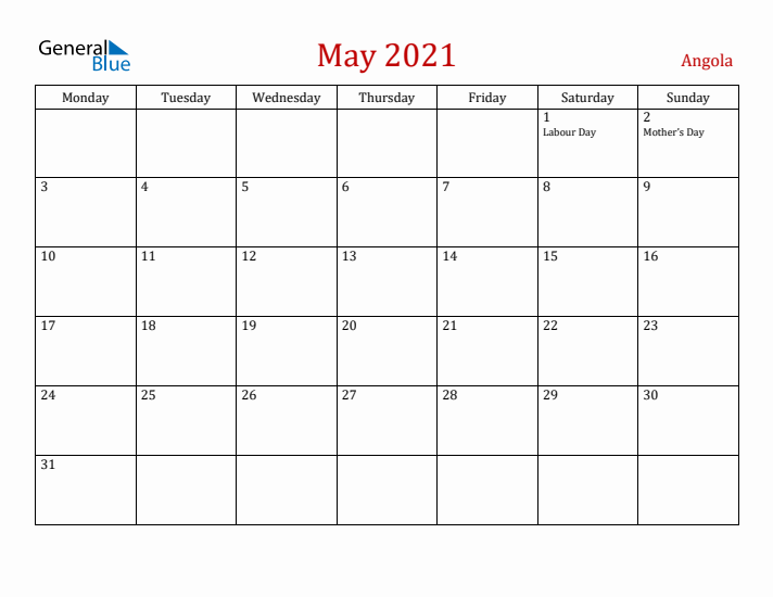 Angola May 2021 Calendar - Monday Start