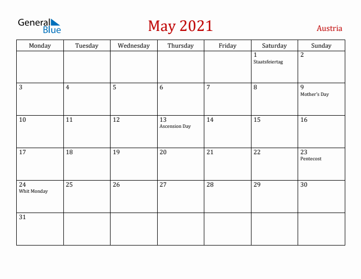 Austria May 2021 Calendar - Monday Start